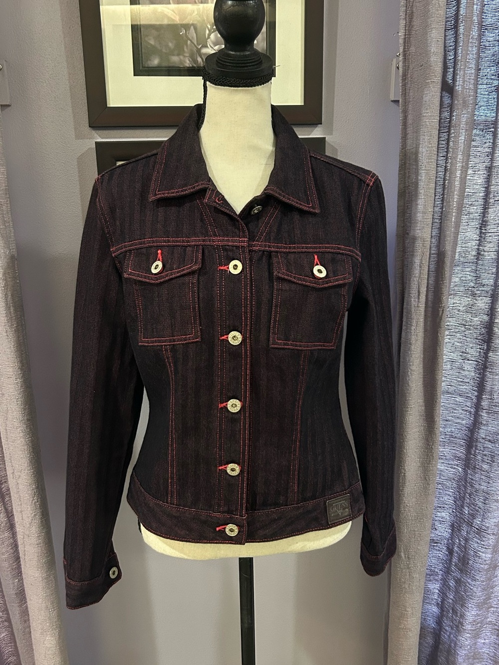 Guess Dark Indigo Denim Jacket with Red Stitching